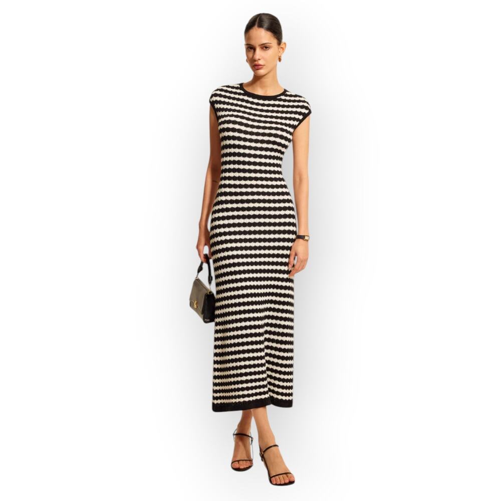 Commense Black White Striped Knit Maxi Dress XL Cap Sleeve Fitted Parisian Chic